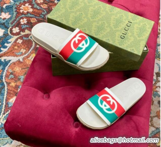 Luxury Gucci Rubber Flat Slide Sandals with Interlocking G White 022354