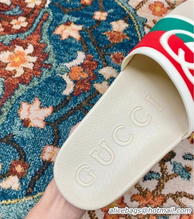 Luxury Gucci Rubber Flat Slide Sandals with Interlocking G White 022354