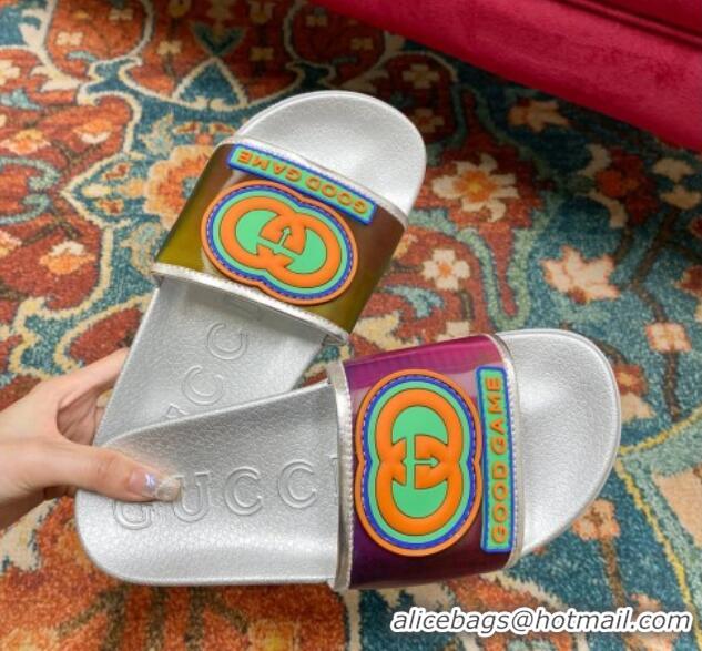 Good Product Gucci Rubber Flat Slide Sandals with Interlocking G Silver 022355