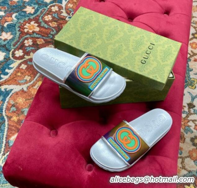 Good Product Gucci Rubber Flat Slide Sandals with Interlocking G Silver 022355