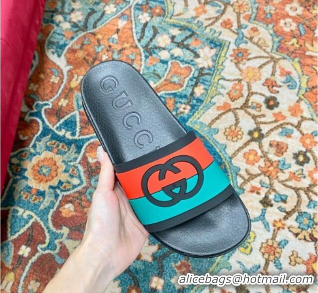 Most Popular Gucci Rubber Flat Slide Sandals with Interlocking G Black 022356