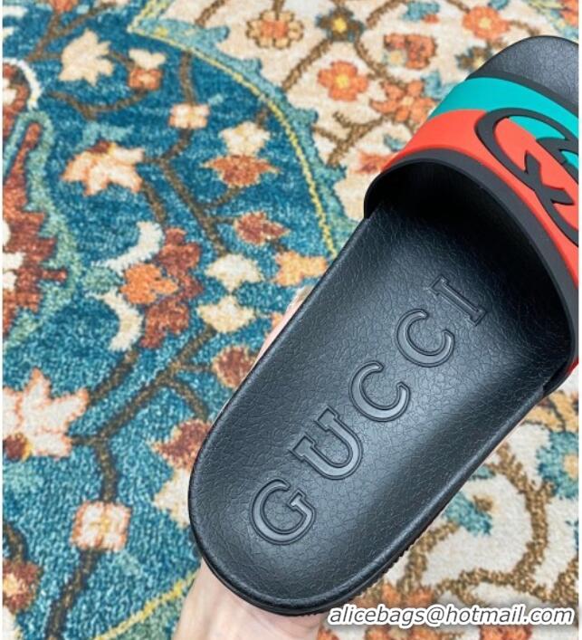 Most Popular Gucci Rubber Flat Slide Sandals with Interlocking G Black 022356