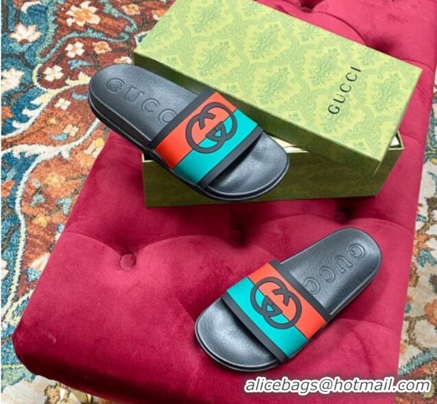 Most Popular Gucci Rubber Flat Slide Sandals with Interlocking G Black 022356