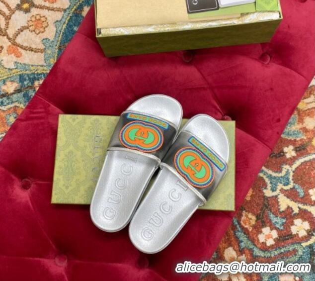 Stylish Gucci Rubber Flat Slide Sandals with Interlocking G Silver 022357