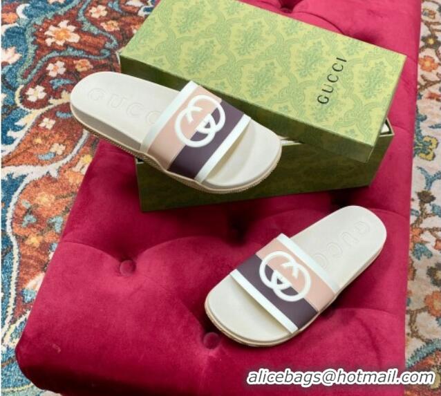 Best Grade Gucci Rubber Flat Slide Sandals with Interlocking G Light Beige 022358