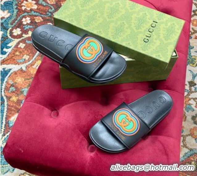 Best Price Gucci Rubber Flat Slide Sandals with Interlocking G Black 022359