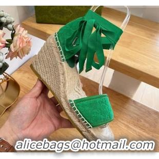 Durable Gucci GG Towel Fabric Wedge Sandals 10cm with Lace Green 022360