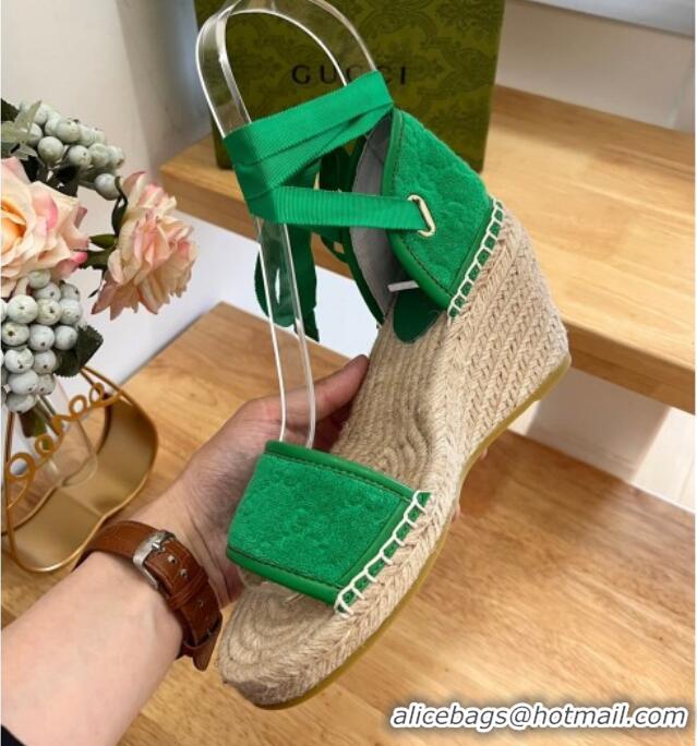 Durable Gucci GG Towel Fabric Wedge Sandals 10cm with Lace Green 022360