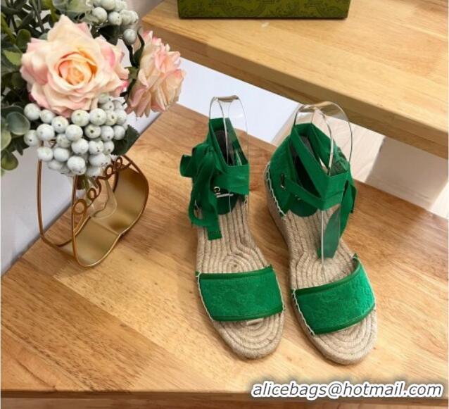 Durable Gucci GG Towel Fabric Wedge Sandals 10cm with Lace Green 022360