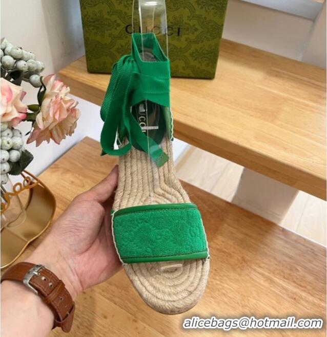 Durable Gucci GG Towel Fabric Wedge Sandals 10cm with Lace Green 022360