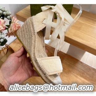 Sophisticated Gucci GG Towel Fabric Wedge Sandals 10cm with Lace White 022361