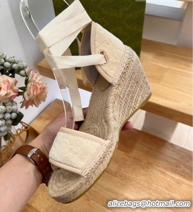 Sophisticated Gucci GG Towel Fabric Wedge Sandals 10cm with Lace White 022361