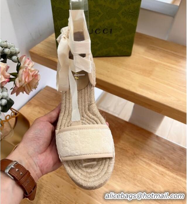 Sophisticated Gucci GG Towel Fabric Wedge Sandals 10cm with Lace White 022361