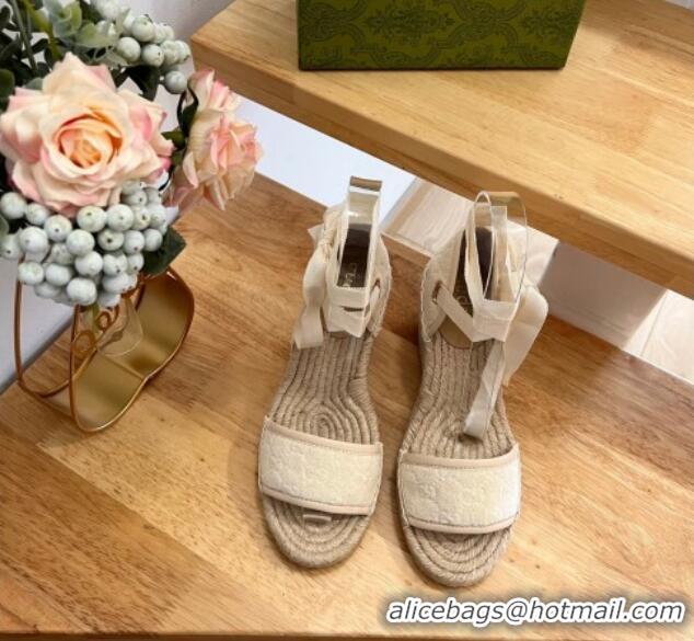 Sophisticated Gucci GG Towel Fabric Wedge Sandals 10cm with Lace White 022361