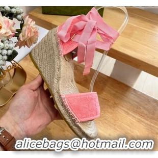 Good Looking Gucci GG Towel Fabric Wedge Sandals 10cm with Lace Pink 022362