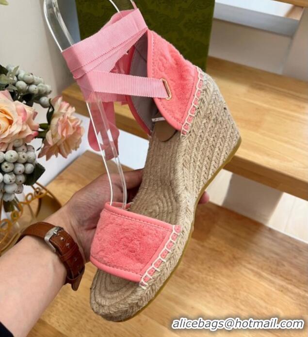 Good Looking Gucci GG Towel Fabric Wedge Sandals 10cm with Lace Pink 022362