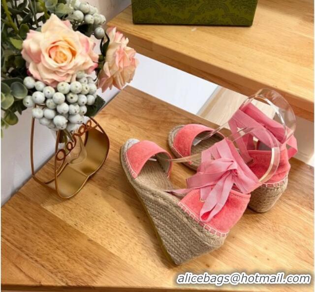 Good Looking Gucci GG Towel Fabric Wedge Sandals 10cm with Lace Pink 022362