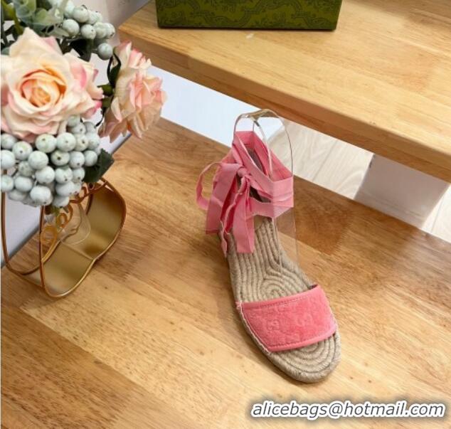 Good Looking Gucci GG Towel Fabric Wedge Sandals 10cm with Lace Pink 022362