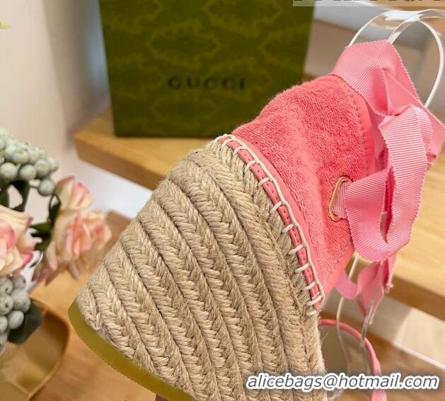 Good Looking Gucci GG Towel Fabric Wedge Sandals 10cm with Lace Pink 022362