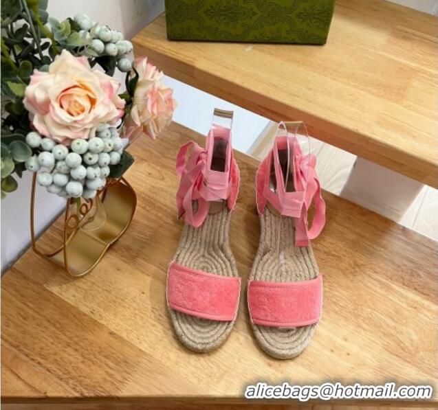 Good Looking Gucci GG Towel Fabric Wedge Sandals 10cm with Lace Pink 022362