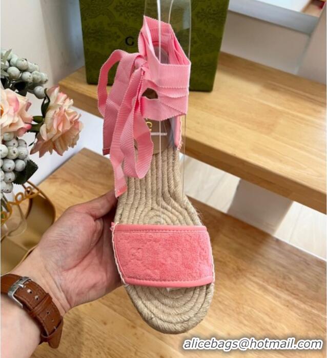 Good Looking Gucci GG Towel Fabric Wedge Sandals 10cm with Lace Pink 022362