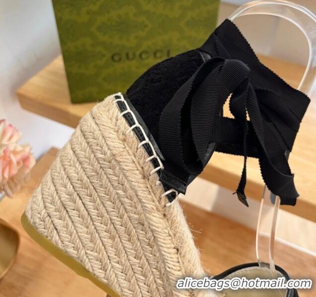 Hot Style Gucci GG Towel Fabric Wedge Sandals 10cm with Lace Black 022363