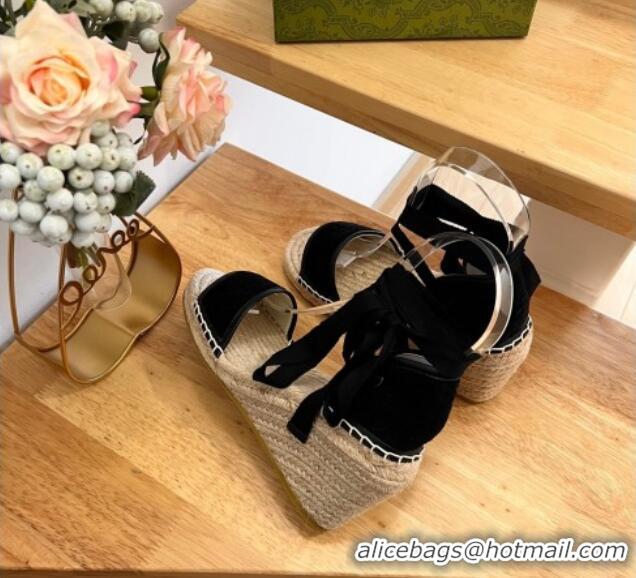 Hot Style Gucci GG Towel Fabric Wedge Sandals 10cm with Lace Black 022363