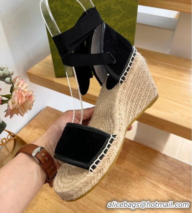 Hot Style Gucci GG Towel Fabric Wedge Sandals 10cm with Lace Black 022363