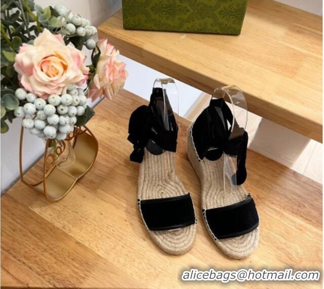 Hot Style Gucci GG Towel Fabric Wedge Sandals 10cm with Lace Black 022363