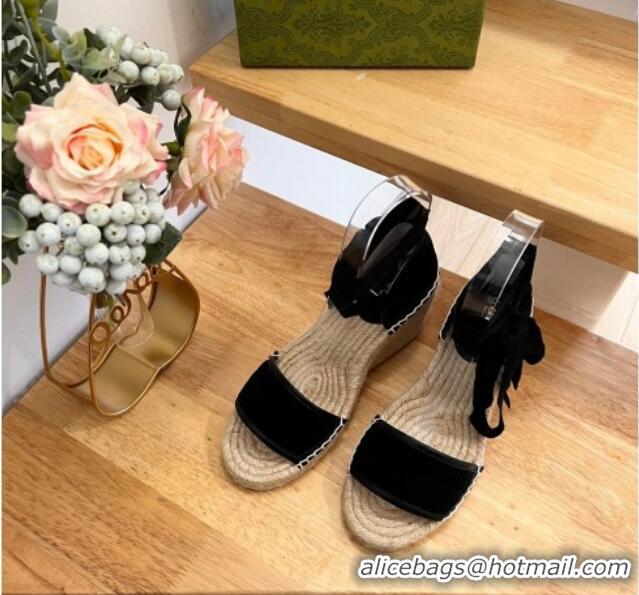 Hot Style Gucci GG Towel Fabric Wedge Sandals 10cm with Lace Black 022363