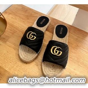 Good Quality Gucci Chevron Leather Flat Slide Sandals Black 022365