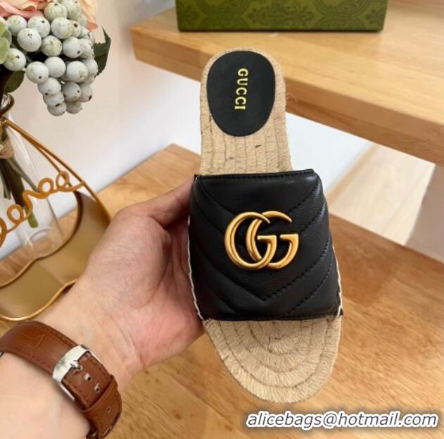 Good Quality Gucci Chevron Leather Flat Slide Sandals Black 022365