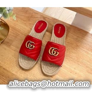 Classic Hot Gucci Chevron Leather Flat Slide Sandals Red 022367