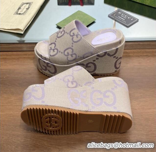 Durable Gucci Jumbo GG Canvas Wedge Platform Slide Sandal 12cm Beige/Purple 0302104