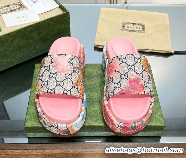 Grade Quality Gucci Flora Platform Slide Sandals 5.5cm Pink/Beige 302103