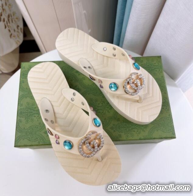 Popular Style Gucci Rubber Thong Sandals with Double G and Crystals White 030269