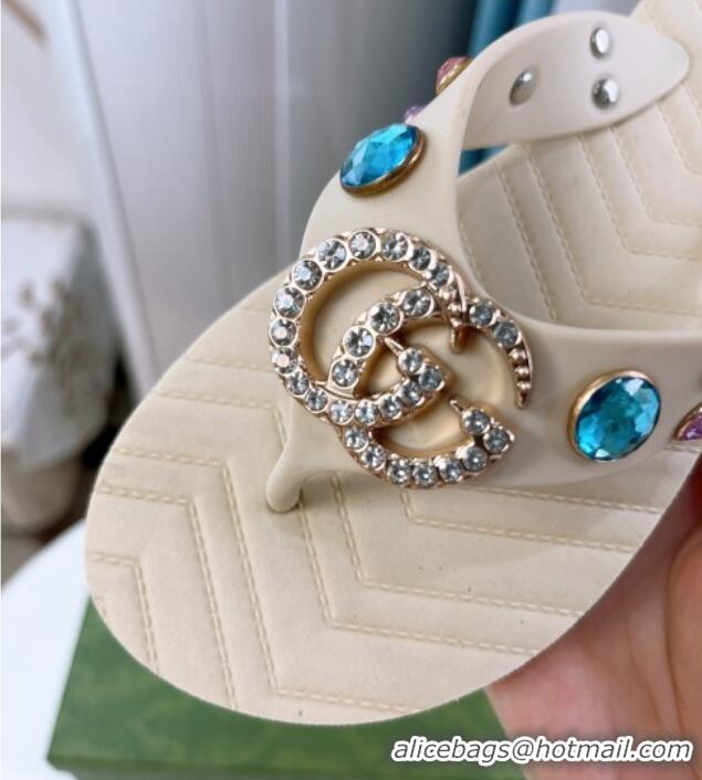 Popular Style Gucci Rubber Thong Sandals with Double G and Crystals White 030269