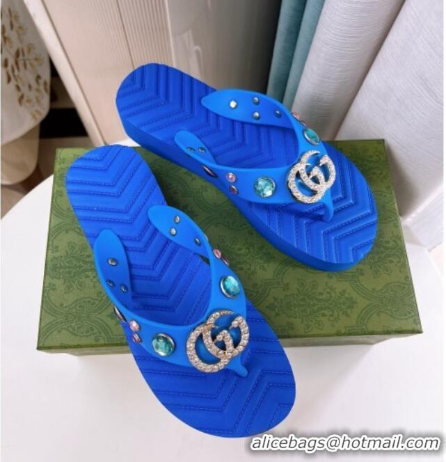 Luxurious Gucci Rubber Thong Sandals with Double G and Crystals Blue 030270