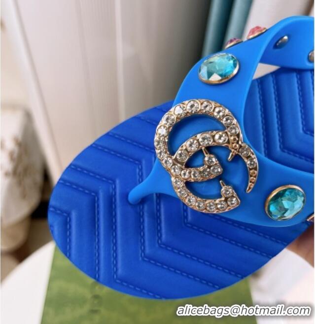 Luxurious Gucci Rubber Thong Sandals with Double G and Crystals Blue 030270