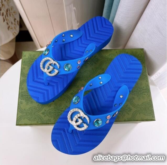 Luxurious Gucci Rubber Thong Sandals with Double G and Crystals Blue 030270