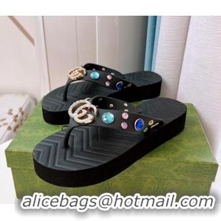 Classic Hot Gucci Rubber Thong Sandals with Double G and Crystals Black 030271