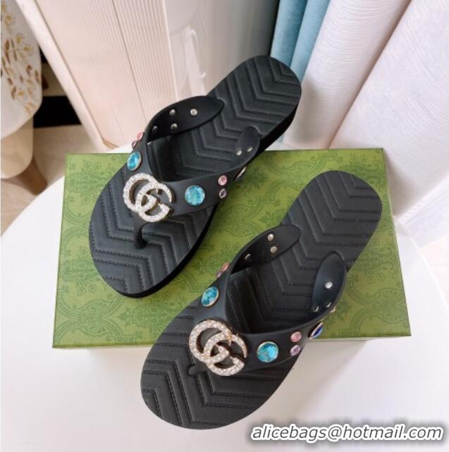 Classic Hot Gucci Rubber Thong Sandals with Double G and Crystals Black 030271