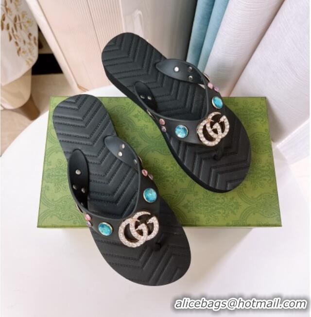 Classic Hot Gucci Rubber Thong Sandals with Double G and Crystals Black 030271