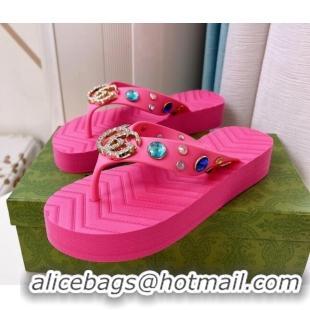 Best Grade Gucci Rubber Thong Sandals with Double G and Crystals Pink 030272