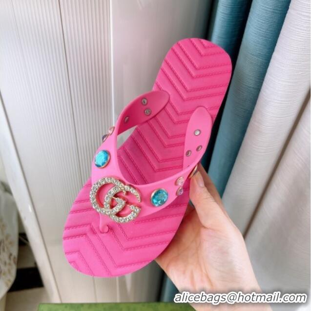 Best Grade Gucci Rubber Thong Sandals with Double G and Crystals Pink 030272