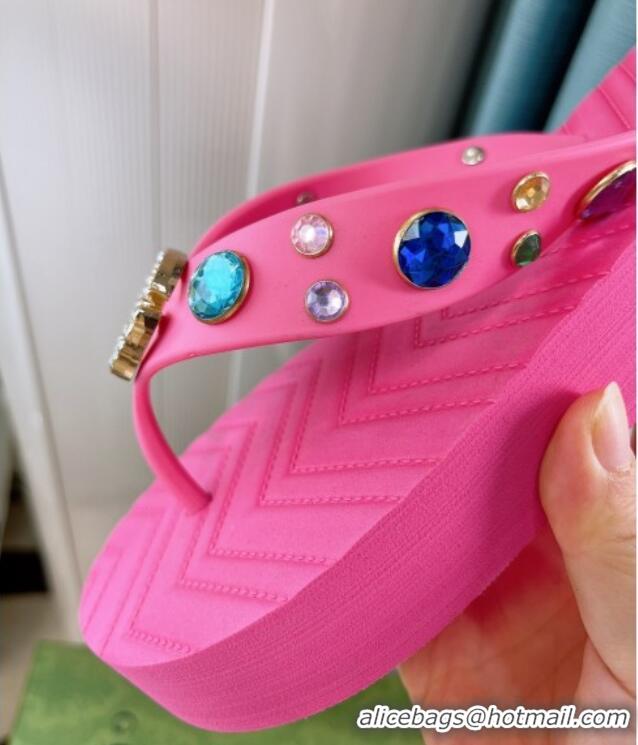 Best Grade Gucci Rubber Thong Sandals with Double G and Crystals Pink 030272