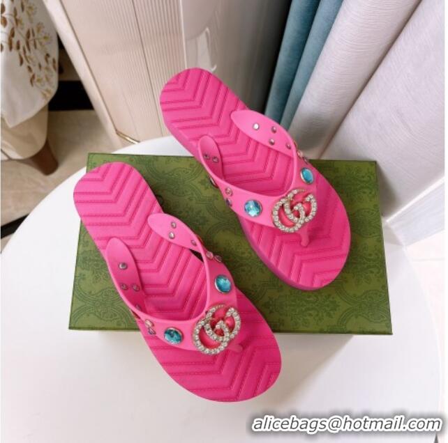 Best Grade Gucci Rubber Thong Sandals with Double G and Crystals Pink 030272