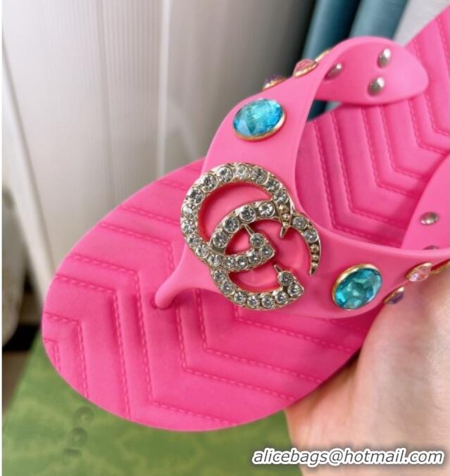 Best Grade Gucci Rubber Thong Sandals with Double G and Crystals Pink 030272