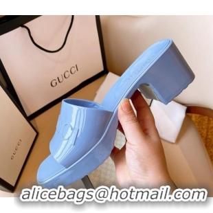 Luxury Gucci Rubber Heel Slide Sandals 5.5cm Blue 030287