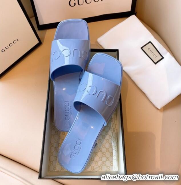 Luxury Gucci Rubber Heel Slide Sandals 5.5cm Blue 030287